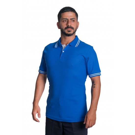 Polo Yaka Penye Biyeli Kısa Kol T-shirt Mavi 