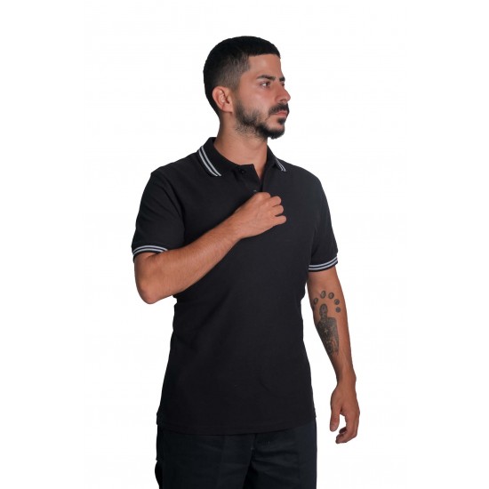  Polo Yaka Penye Biyeli Kısa Kol  T-shirt Siyah